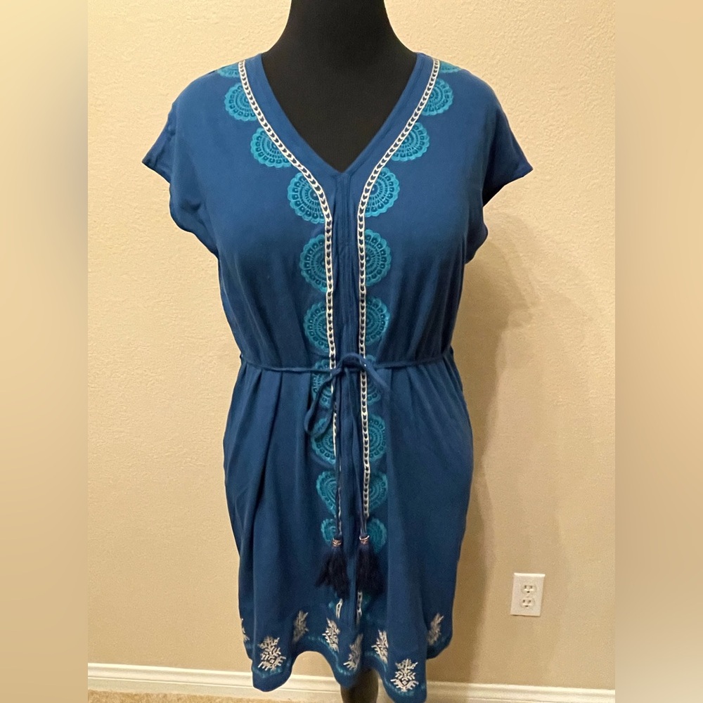 Lucky Brand Blue Embroidered Boho Cotton Mjni dress tunic tie tassel waist Sz XL